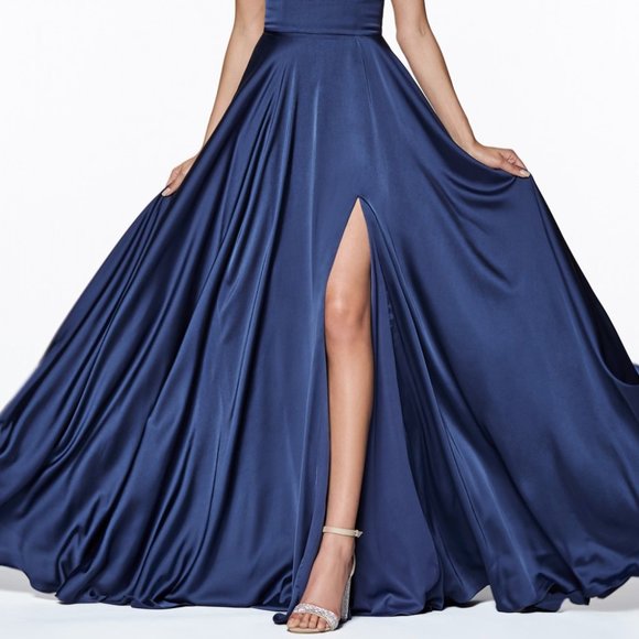 NAVY PROM PARTY EVENING Straight Neck A-Line Satin MAXI LONG Dress CDCJ527 - Picture 4 of 5